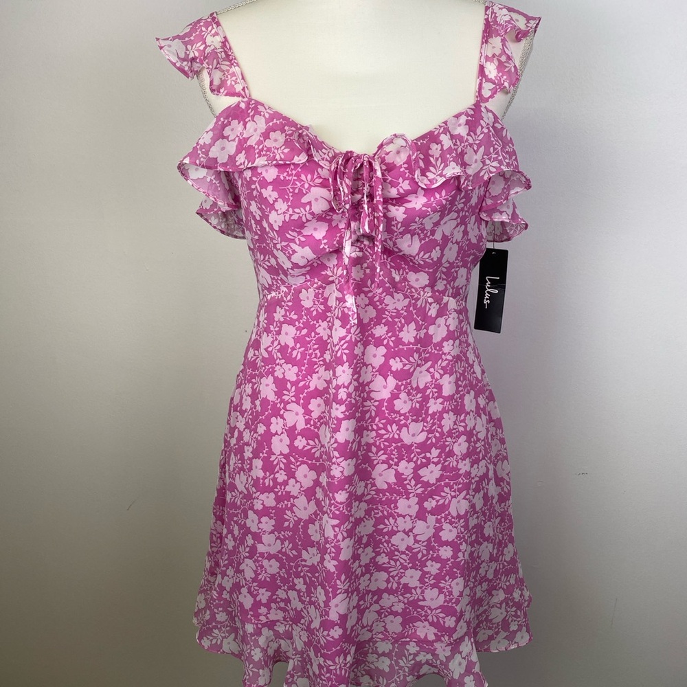 Lulus Pink Floral Livi Ruffled Mini Skater Dress